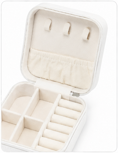 Travel Jewelry Organizer Box for Women | Portable PU Leather Jewelry Storage Case with Ring Rolls, Necklace Hooks & Earring Compartments | White