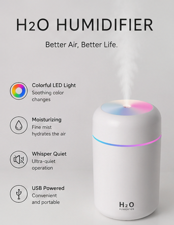 H2O Portable USB Mini Humidifier – Ultrasonic Cool Mist Air Purifier with LED Night Light.