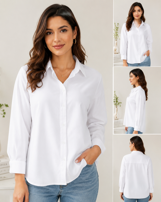 Women's White Full Sleeve Casual Shirt | Regular Fit Button-Down Cotton Blend Top