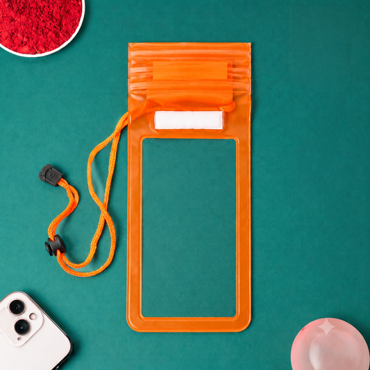 Orange waterproof phone pouch with lanyard on teal background
