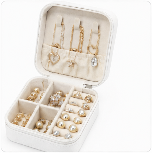 Travel Jewelry Organizer Box for Women | Portable PU Leather Jewelry Storage Case with Ring Rolls, Necklace Hooks & Earring Compartments | White