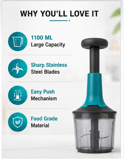 Manual Push Food Chopper for Kitchen (1000ml) – Hand Press Vegetable & Onion Cutter with Stainless Steel Blades.