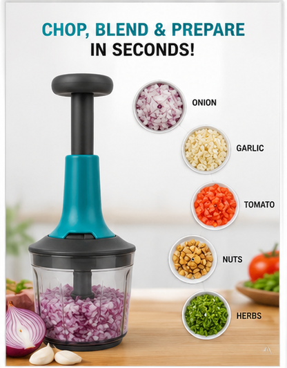 Manual Push Food Chopper for Kitchen (1000ml) – Hand Press Vegetable & Onion Cutter with Stainless Steel Blades.