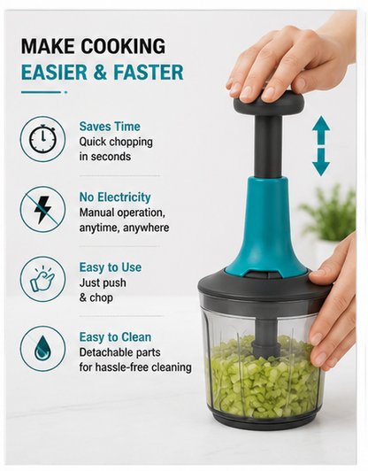 Manual Push Food Chopper for Kitchen (1000ml) – Hand Press Vegetable & Onion Cutter with Stainless Steel Blades.