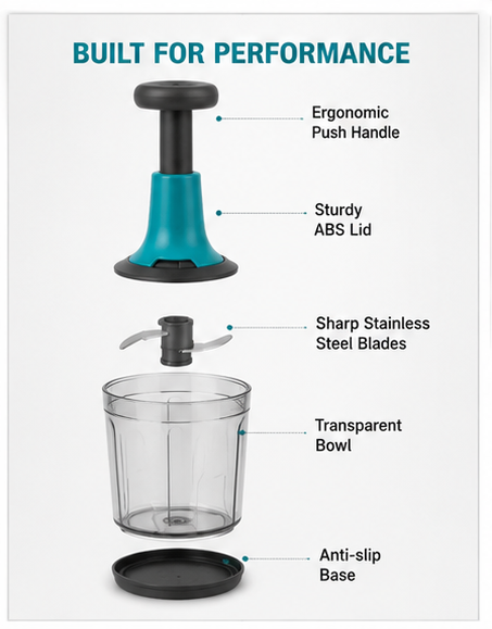 Manual Push Food Chopper for Kitchen (1000ml) – Hand Press Vegetable & Onion Cutter with Stainless Steel Blades.